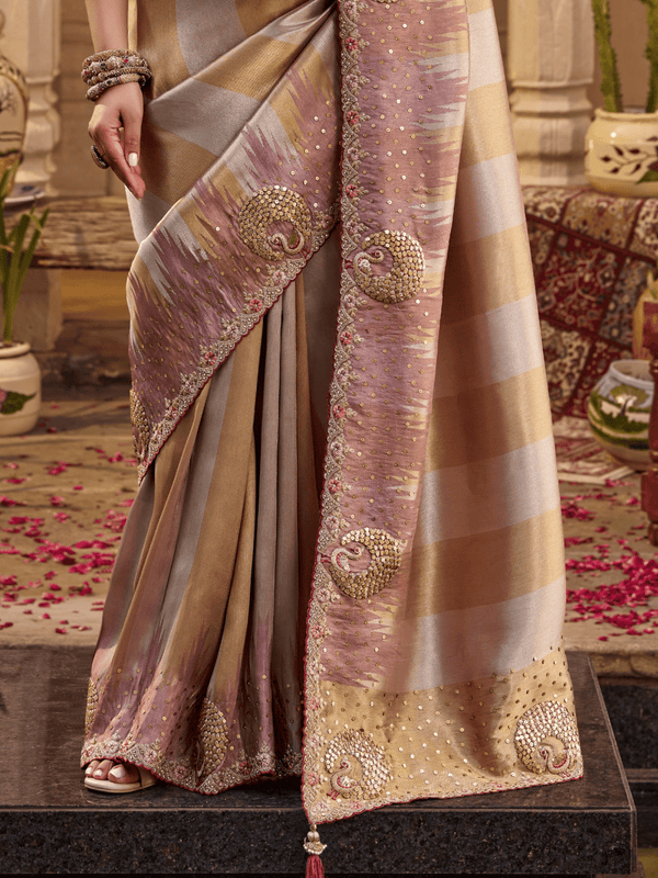 Mauve Pink Embroidered Designer Tissue Silk Saree