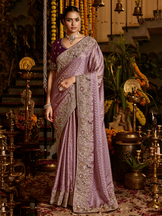 Mauve Purple Banarasi Tissue Silk Saree With Contrast Blouse