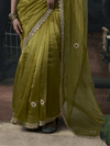 Mehendi Green Embroidered Designer Tissue Silk Saree With Contrast Blouse