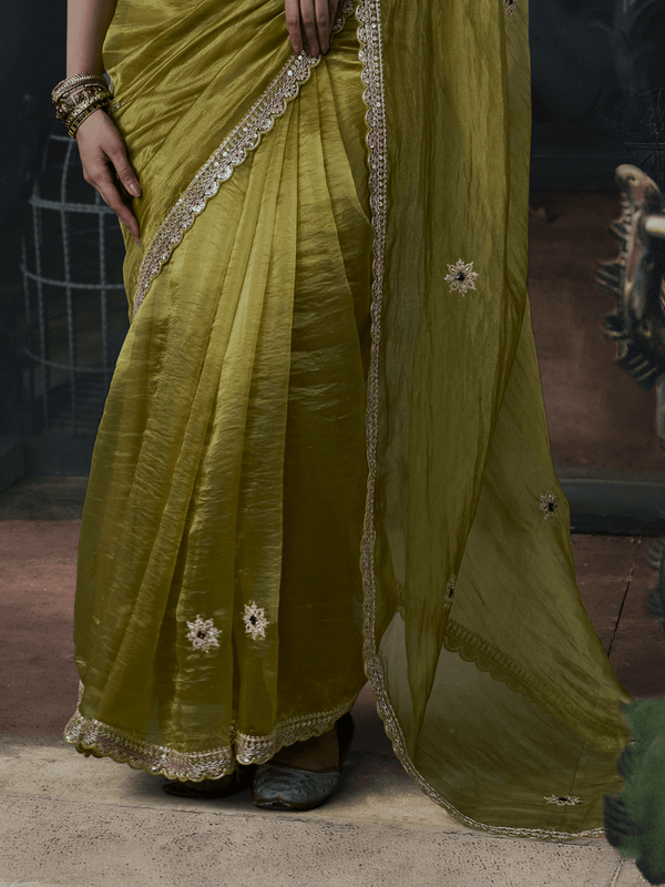 Mehendi Green Embroidered Designer Tissue Silk Saree With Contrast Blouse