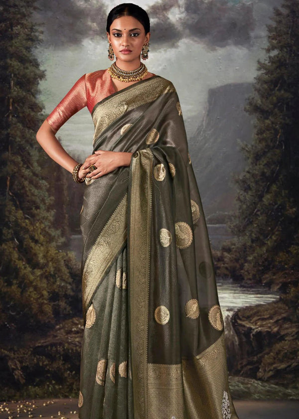 Metalic Grey Woven Banarasi Organza Silk Saree