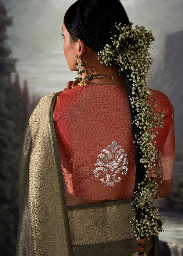 Metalic Grey Woven Banarasi Organza Silk Saree