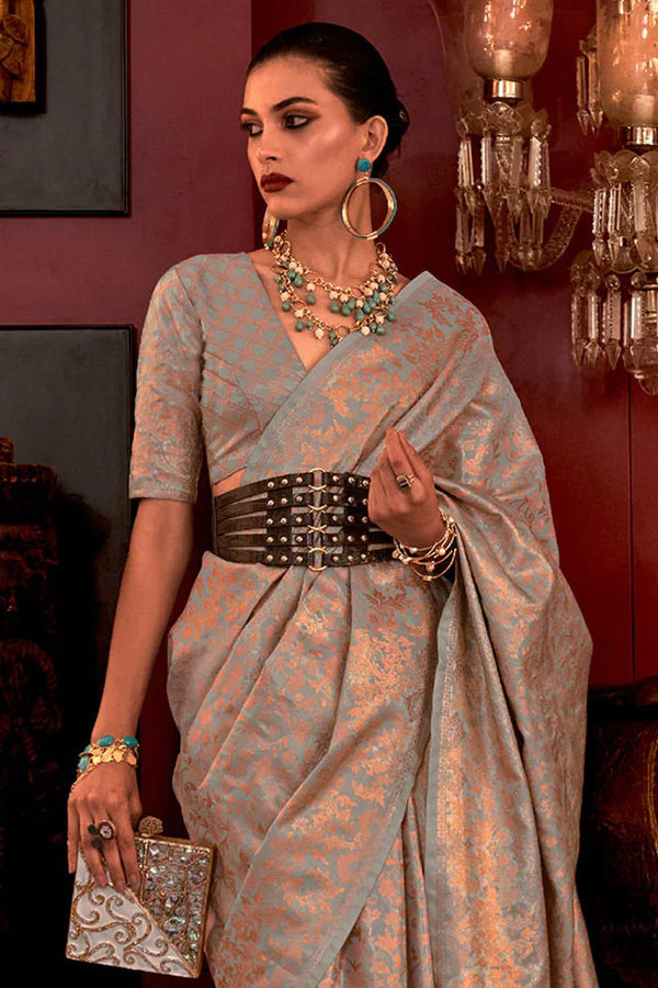 Middle Grey Banarasi Handloom Weaving Silk Saree