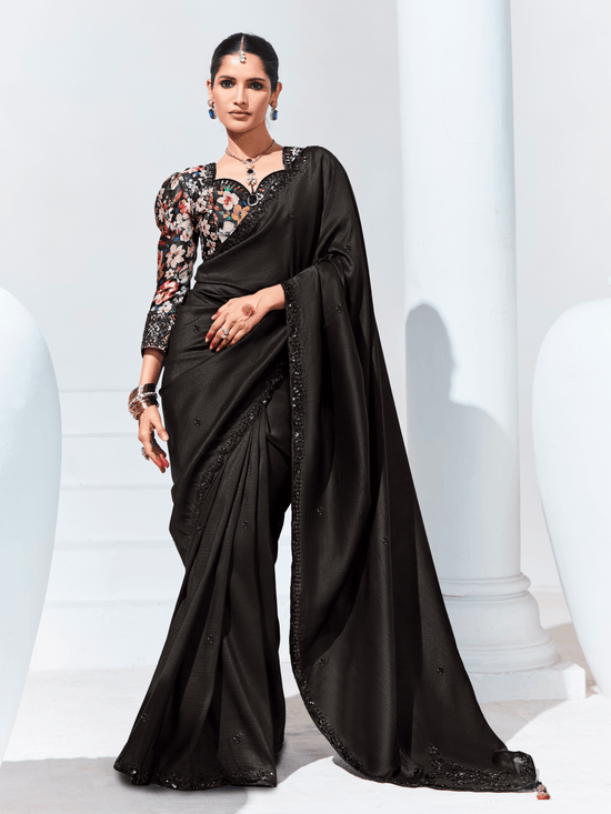 Midnight Black Embroidered Designer Georgette Saree