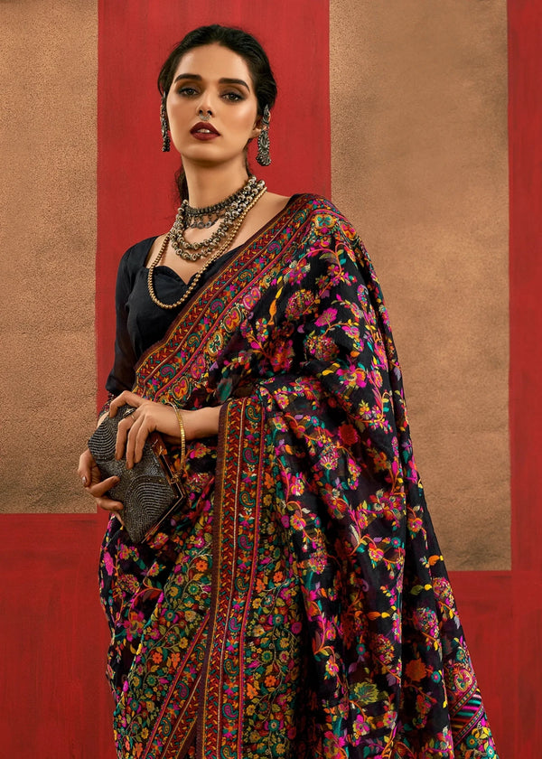 Midnight Black Kashmiri Chinar Cotton Pashmina Saree