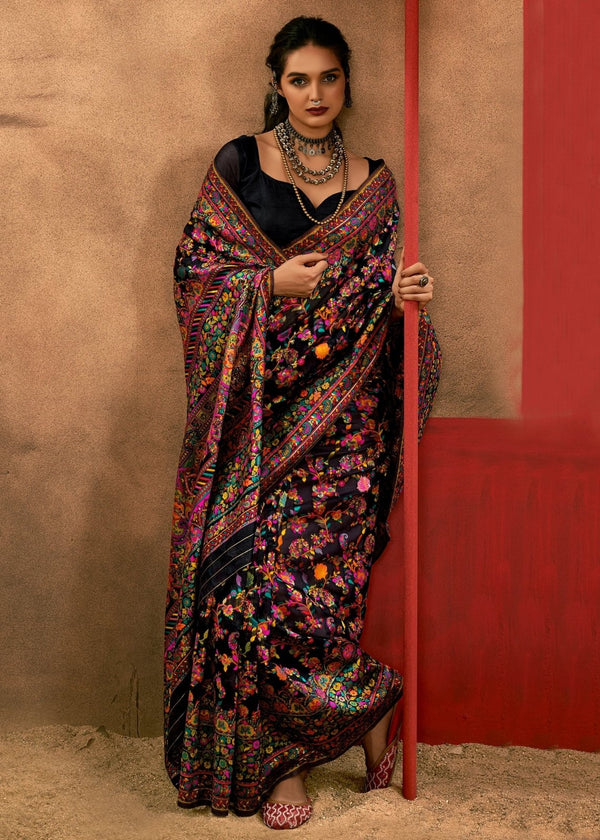 Midnight Black Kashmiri Chinar Cotton Pashmina Saree