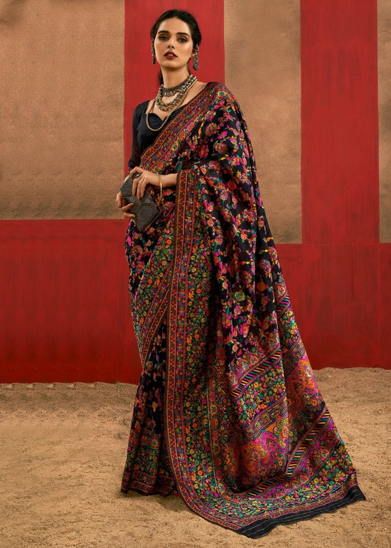 Midnight Black Kashmiri Chinar Cotton Pashmina Saree