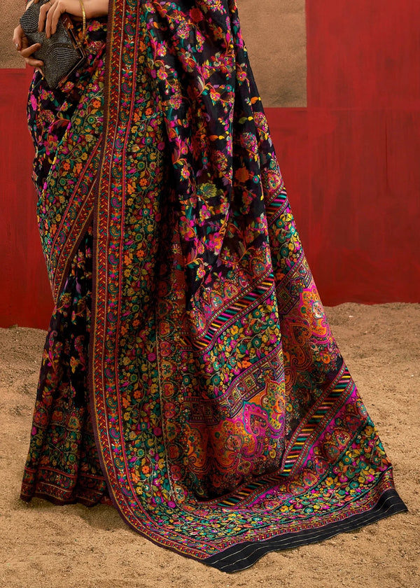 Midnight Black Kashmiri Chinar Cotton Pashmina Saree