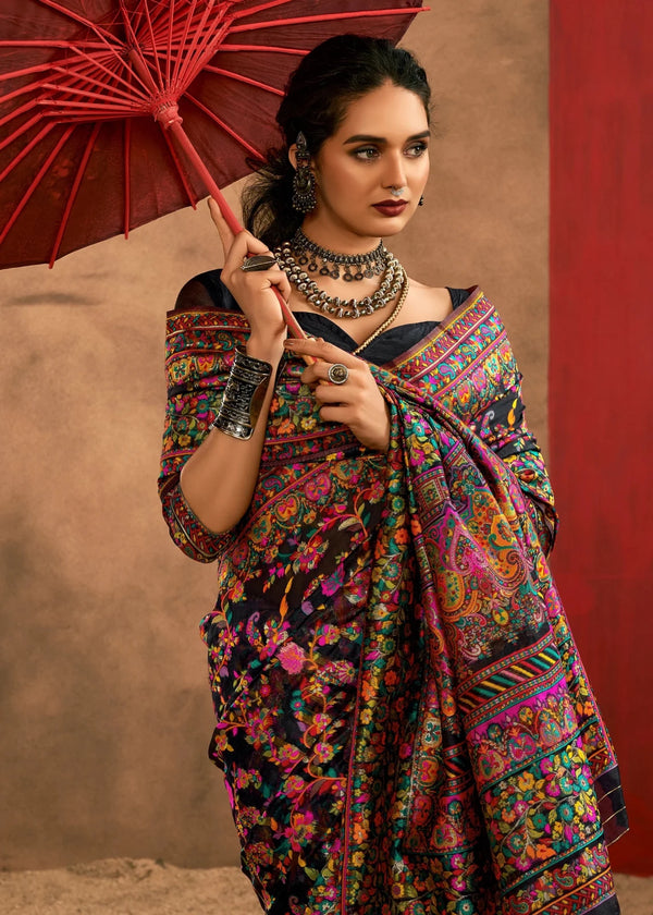 Midnight Black Kashmiri Chinar Cotton Pashmina Saree