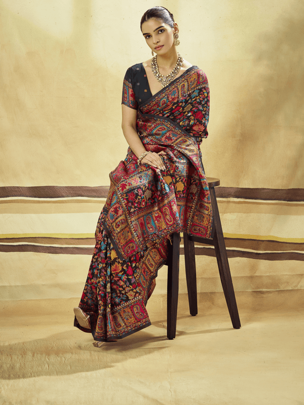 Midnight Black Kashmiri Kani Handloom Cotton Silk Saree
