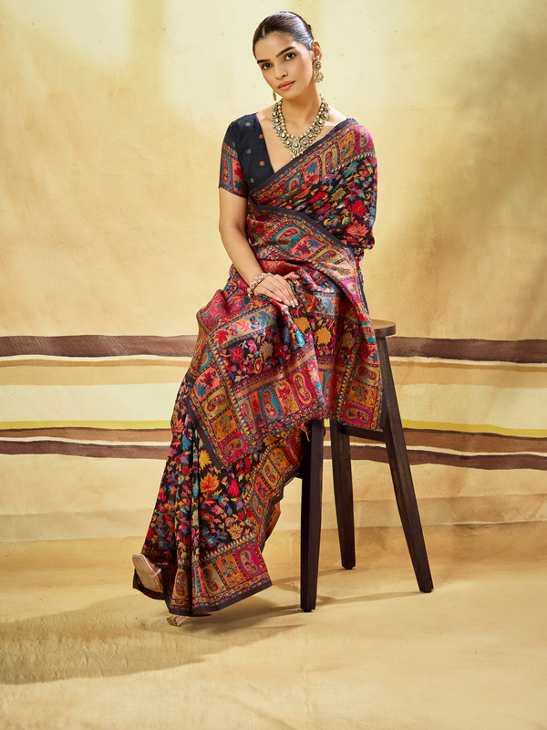 Midnight Black Kashmiri Kani Handloom Cotton Silk Saree