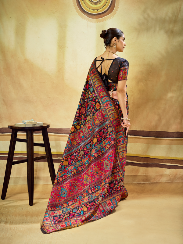 Midnight Black Kashmiri Kani Handloom Cotton Silk Saree