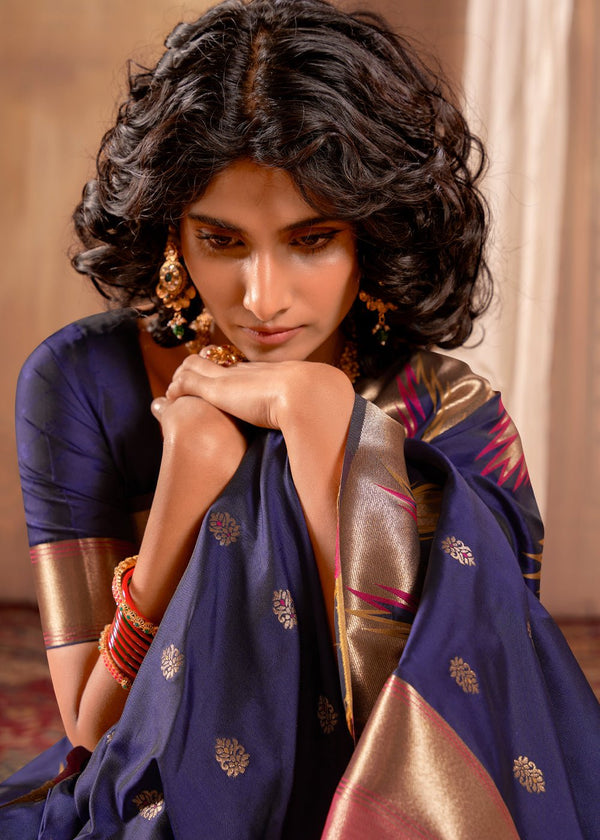 Midnight Blue Woven Banarasi Saree With Temple Border