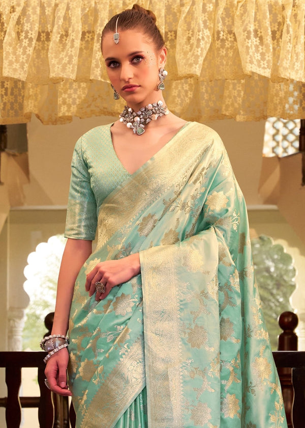 Mint Green Banarasi Satin Silk Saree