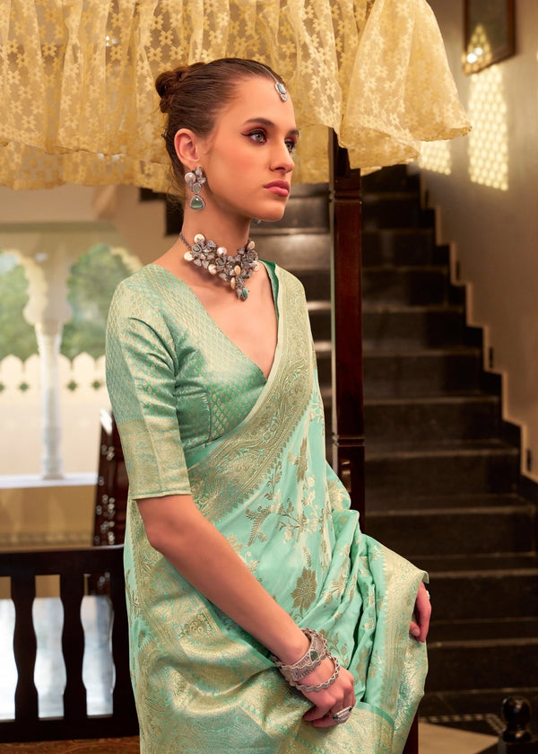 Mint Green Banarasi Satin Silk Saree