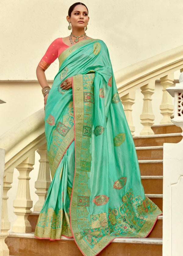 Mint Green Banarasi Silk Saree With Contrast Blouse