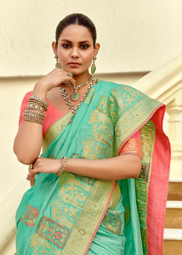 Mint Green Banarasi Silk Saree With Contrast Blouse