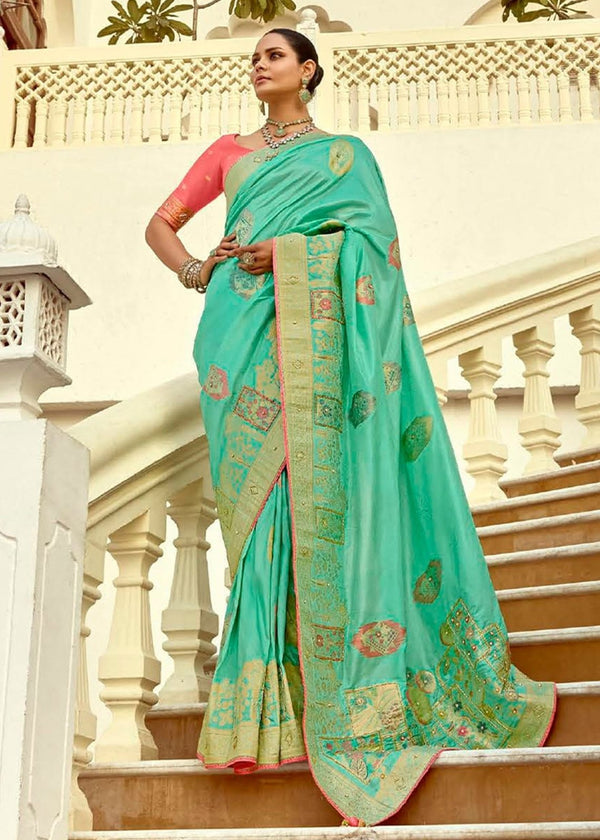 Mint Green Banarasi Silk Saree With Contrast Blouse
