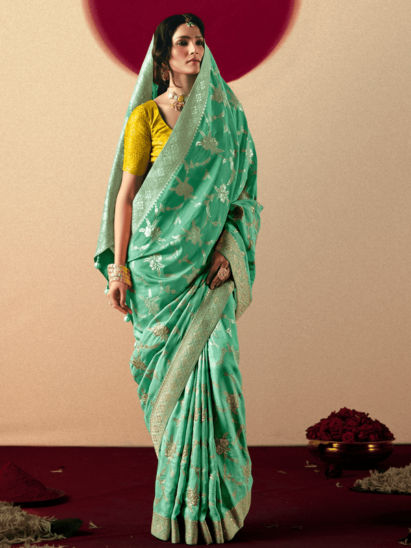Mint Green Banarasi Silk Saree With Contrast Blouse