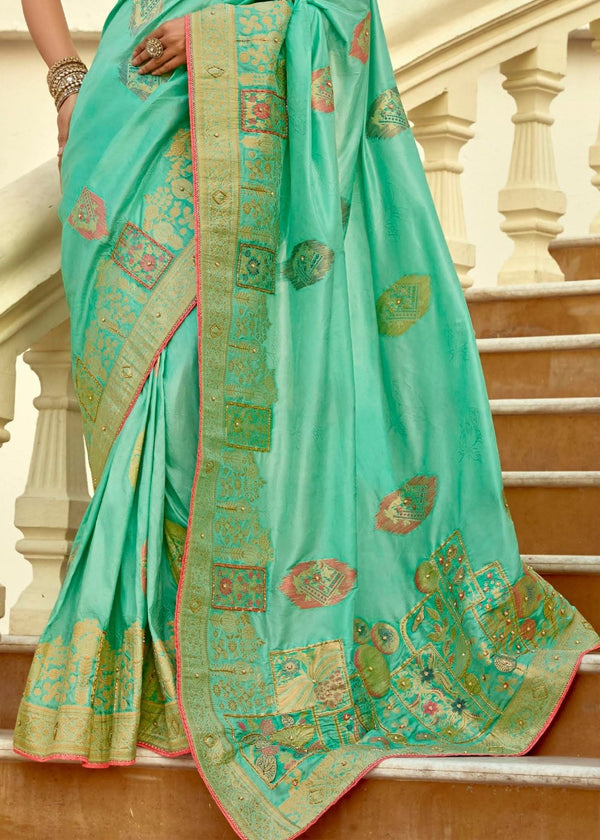 Mint Green Banarasi Silk Saree With Contrast Blouse