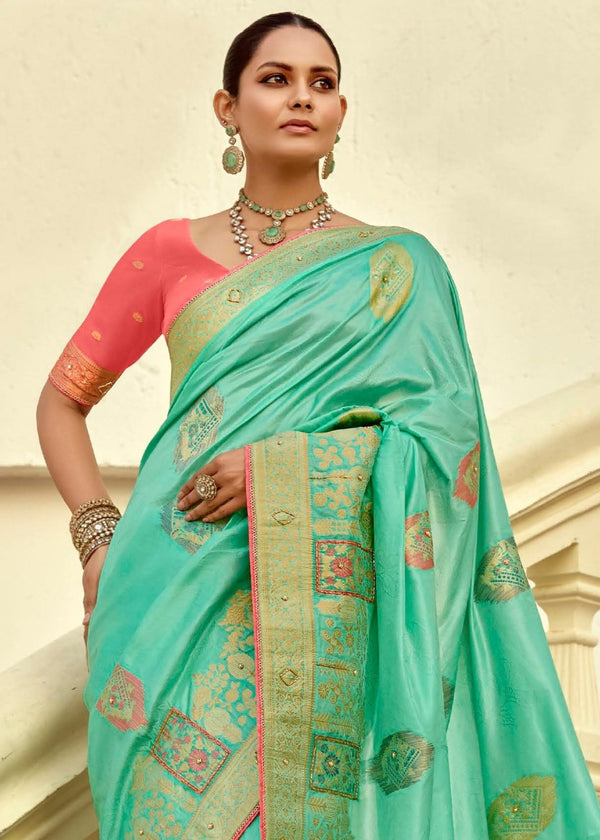 Mint Green Banarasi Silk Saree With Contrast Blouse