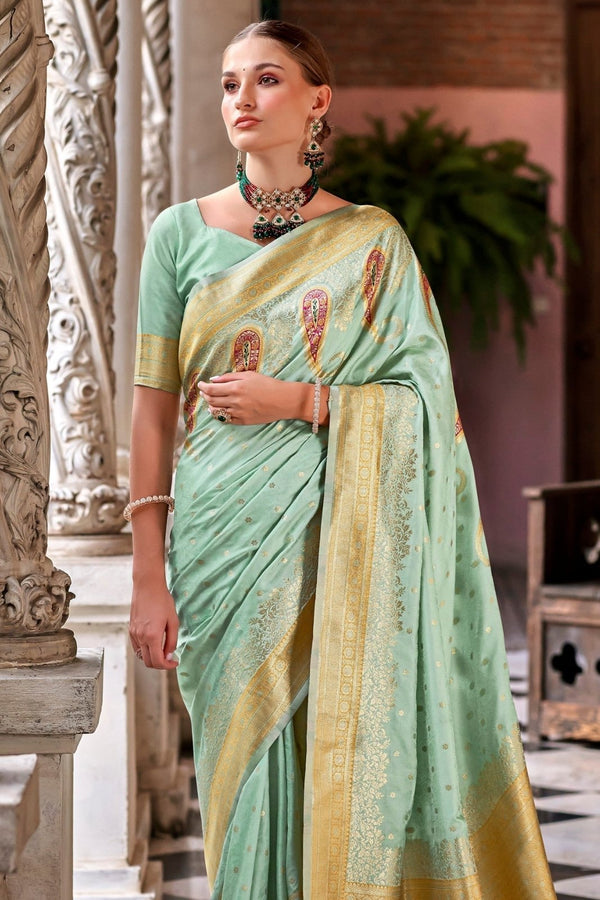 Mint Green Banarasi Soft Silk Saree