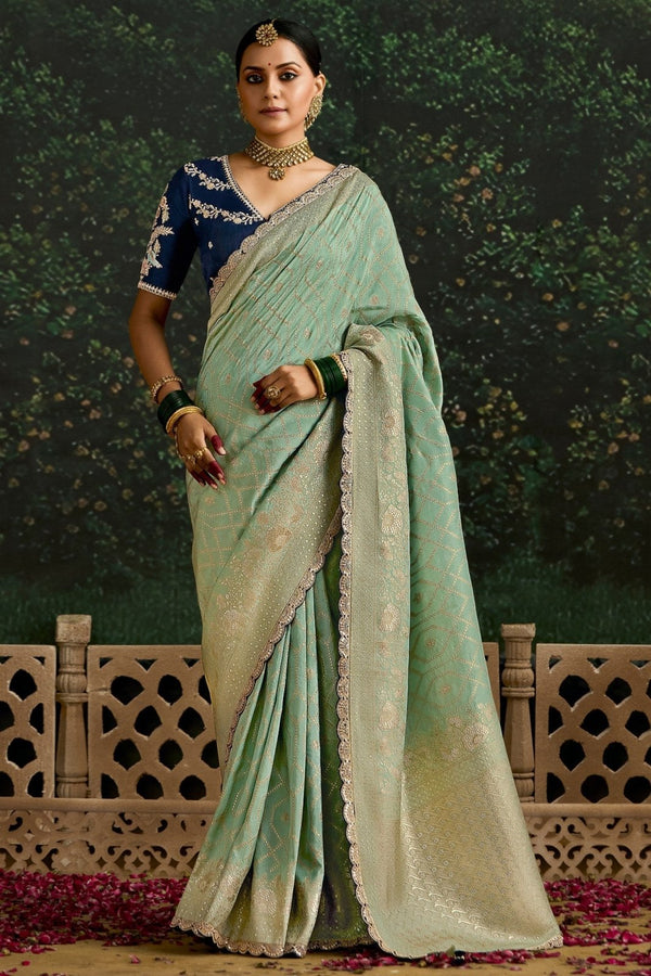Mint Green Designer Banarasi Dola Silk Saree With Golden Zari Work