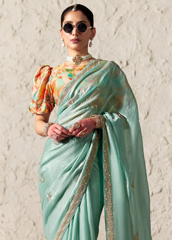 Mint Green Designer Organza Saree with Multicolor Contrast Blouse