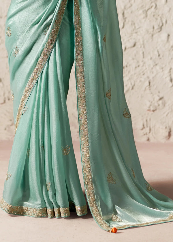 Mint Green Designer Organza Saree with Multicolor Contrast Blouse