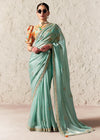 Mint Green Designer Organza Saree with Multicolor Contrast Blouse