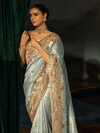 Mint Green Embroidered Designer Tissue Silk Saree With Contrast Blouse