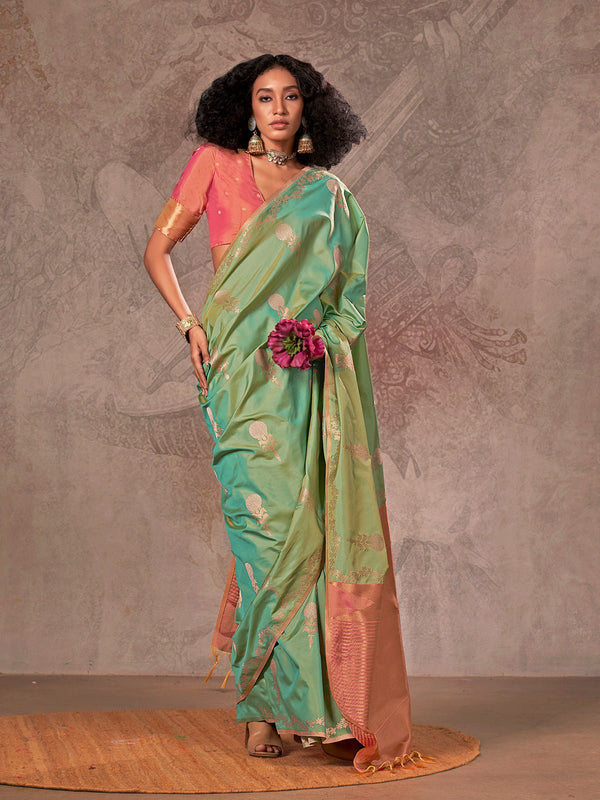 Mint Green Kanjivaram Two Tone Silk Saree With Contrast Blouse