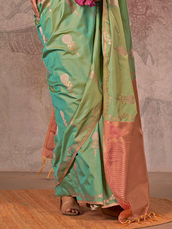 Mint Green Kanjivaram Two Tone Silk Saree With Contrast Blouse