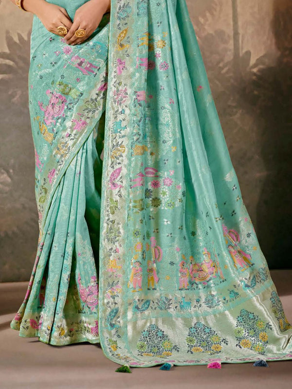 Mint green Zari Woven Paithani Banarasi Silk Saree