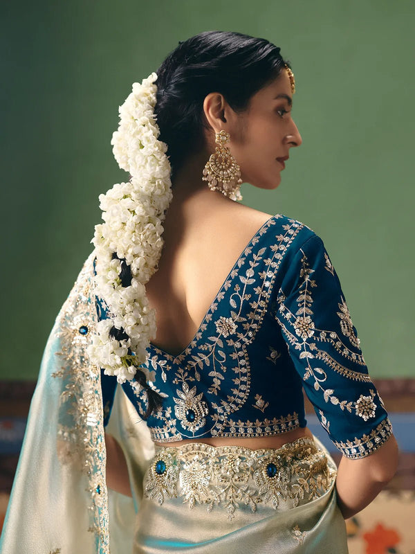 Mint Silver Tissue Silk Saree with Peacock Teal Contrast Blouse