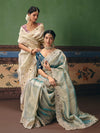 Mint Silver Tissue Silk Saree with Peacock Teal Contrast Blouse