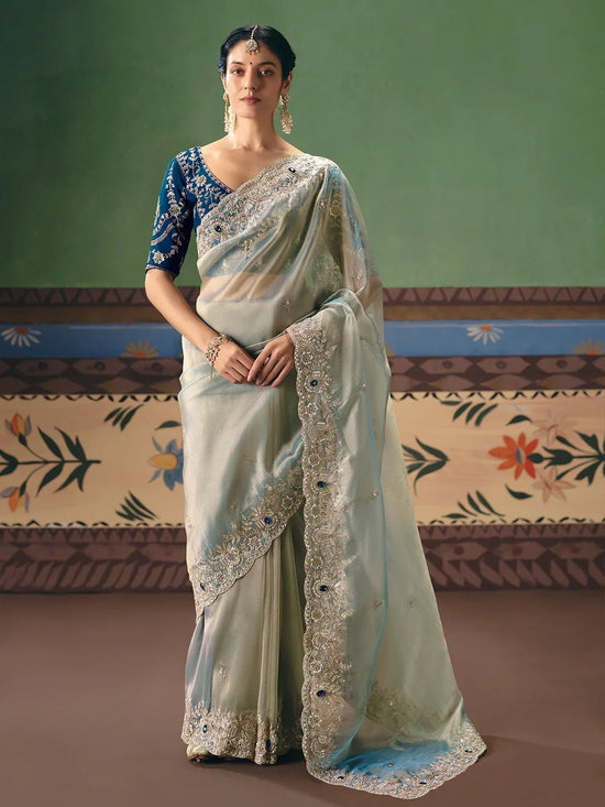 Mint Silver Tissue Silk Saree with Peacock Teal Contrast Blouse