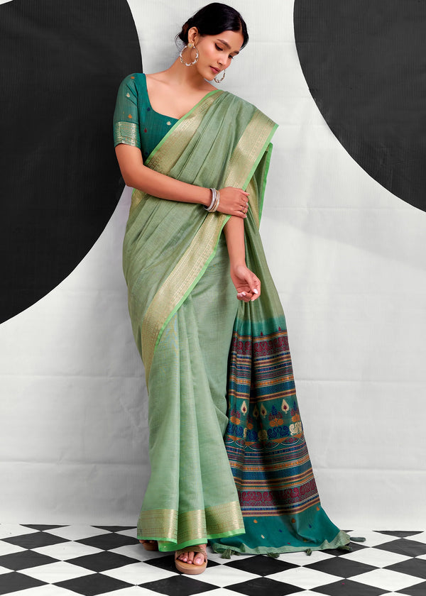 Sage Green Woven Designer Linen Cotton Saree