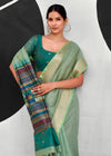 Sage Green Woven Designer Linen Cotton Saree