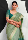 Sage Green Woven Designer Linen Cotton Saree