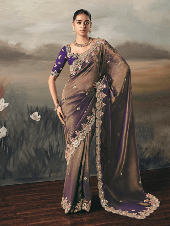 Mocha Brown Embroidered Designer Organza Silk Saree With Contrast Blouse
