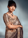 Mocha Brown Embroidered Designer Tissue Organza Silk Saree