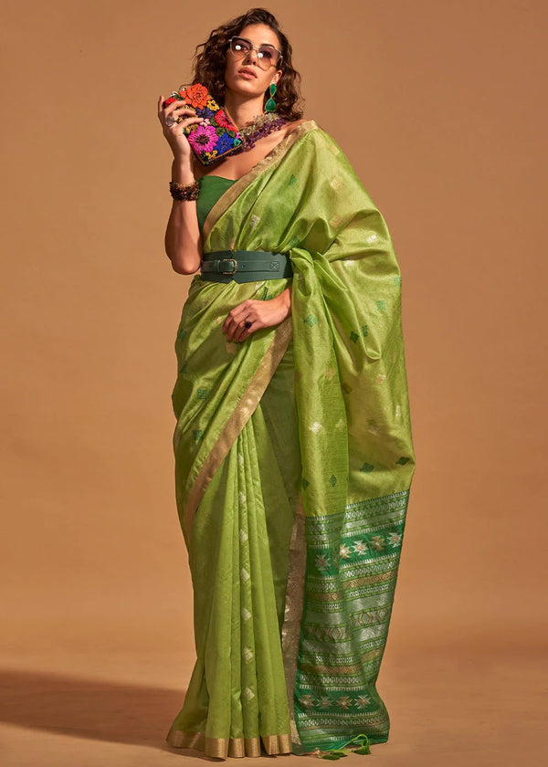 Moss Green Handloom Banarasi Silk Saree With Tassels
