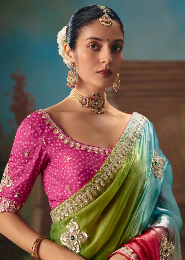 Multicolor Ombre Satin Silk Saree with Pink Contrast Blouse