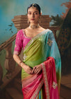 Multicolor Ombre Satin Silk Saree with Pink Contrast Blouse