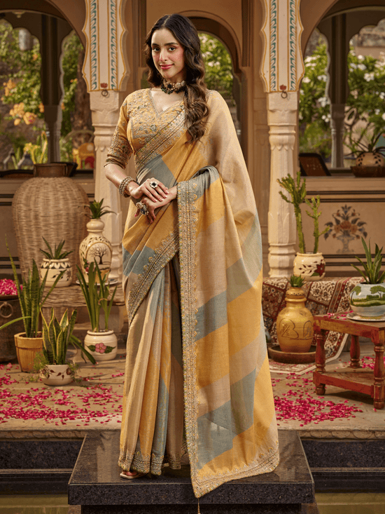 Mustard Gold Embroidered Designer Tissue Silk Saree