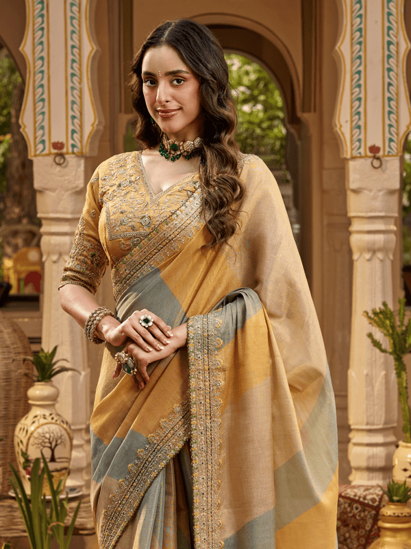 Mustard Gold Embroidered Designer Tissue Silk Saree