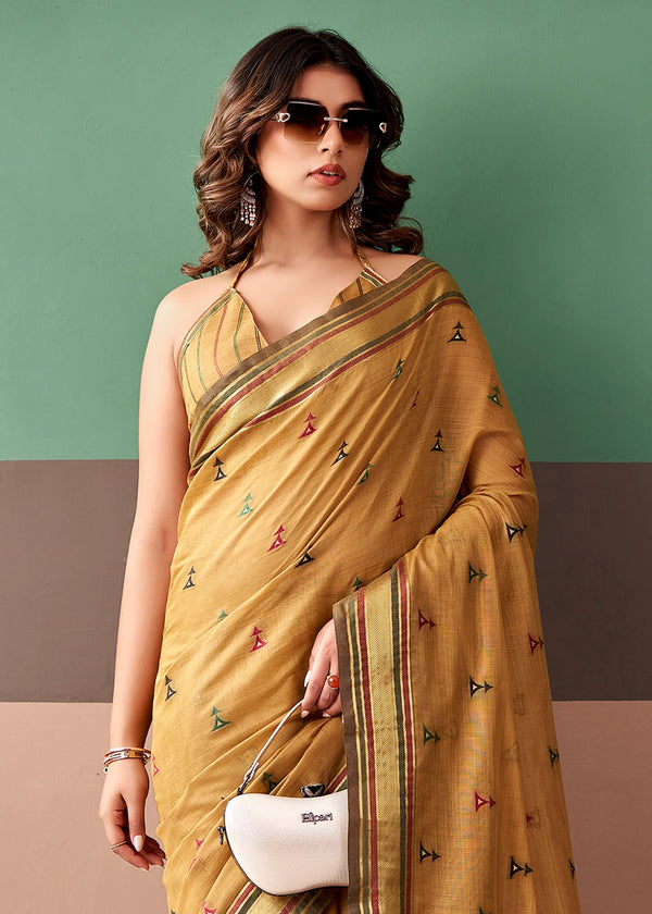 Mustard Gold Woven Designer Cotton Saree