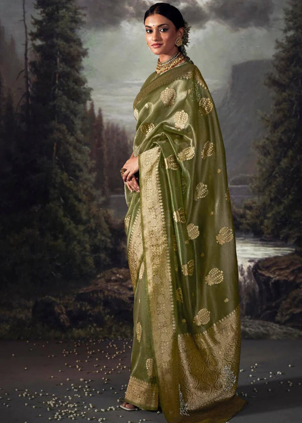 Mustard Green Woven Banarasi Organza Silk Saree