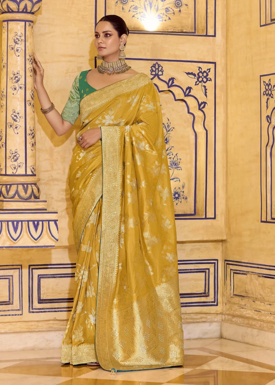 Mustard Yellow Banarasi Crepe Silk Saree with Teal Contrast Blouse